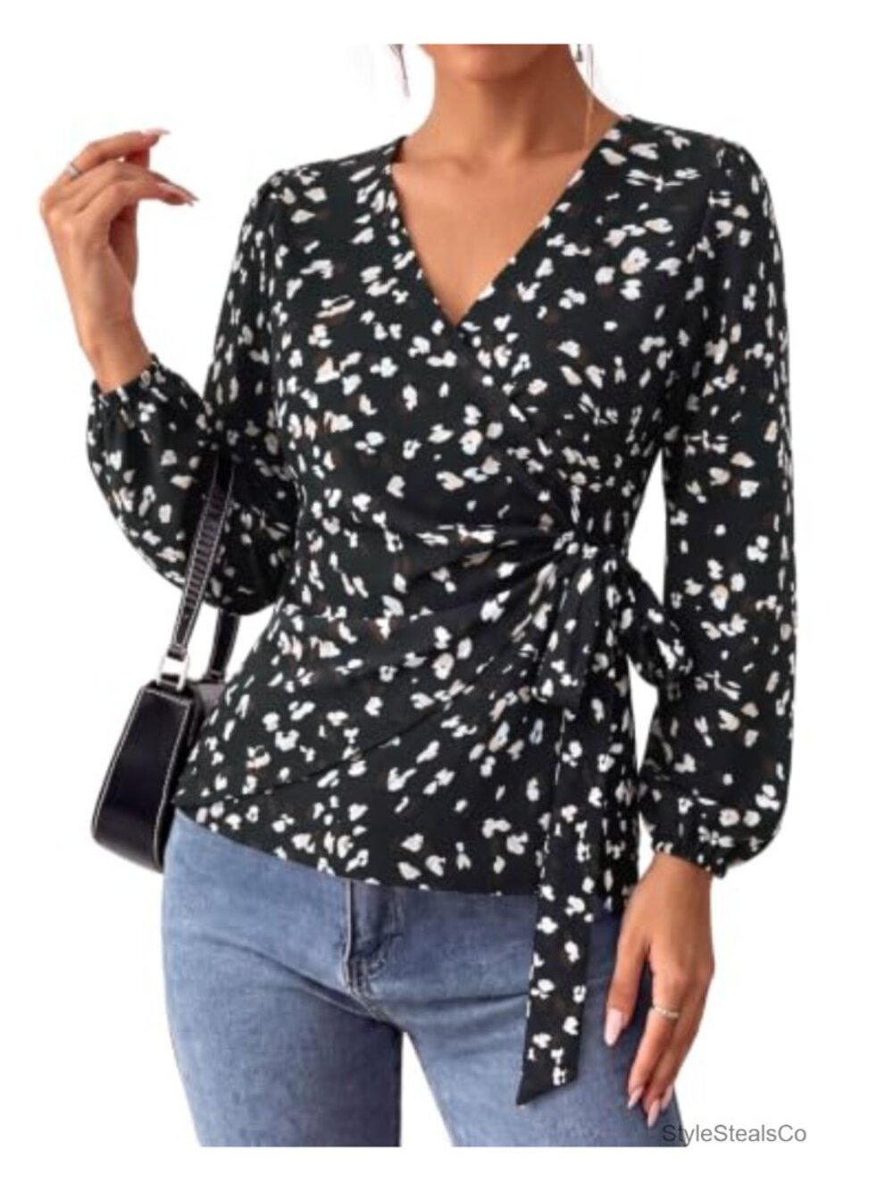 Women's Long Sleeve Wrap Blouse Pleated V-Neck Business Casual Work Top